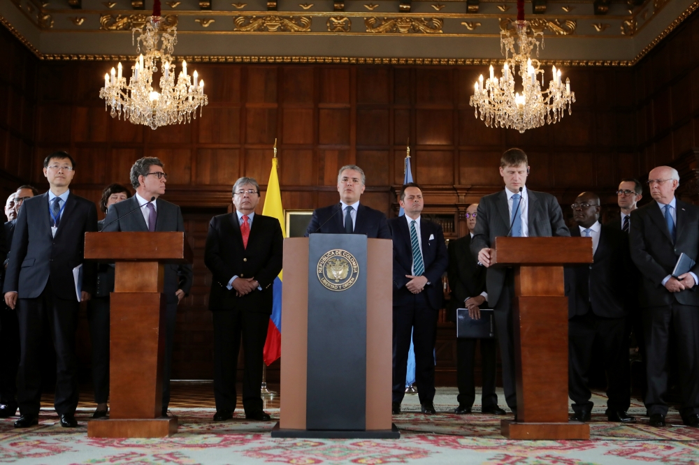 Colombia's President Ivan Duque, speaks during a news conference at the UN Security Council visit to Colombia, in Bogota, July 12. -Reuters