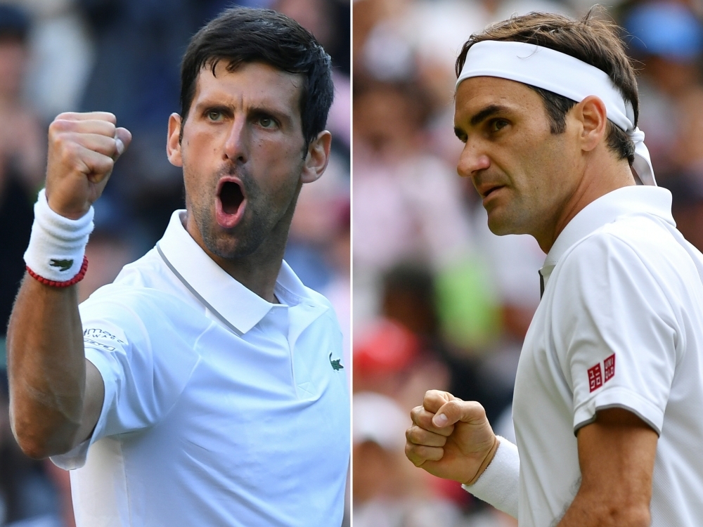 This combination of pictures created on Saturday shows Serbia's Novak Djokovic (L) celebrates during his men's singles second round match on the third day of the 2019 Wimbledon Championships on July 3, 2019 and Switzerland's Roger Federer celebrating after winning a point during his men's singles third round match on the sixth day of the 2019 Wimbledon Championships on July 6, 2019 in Wimbledon, southwest London. Serbia's Novak Djokovic and Switzerland's Roger Federer will play against each other in the men's singles final Wimbledon match on July 14, 2019. — AFP