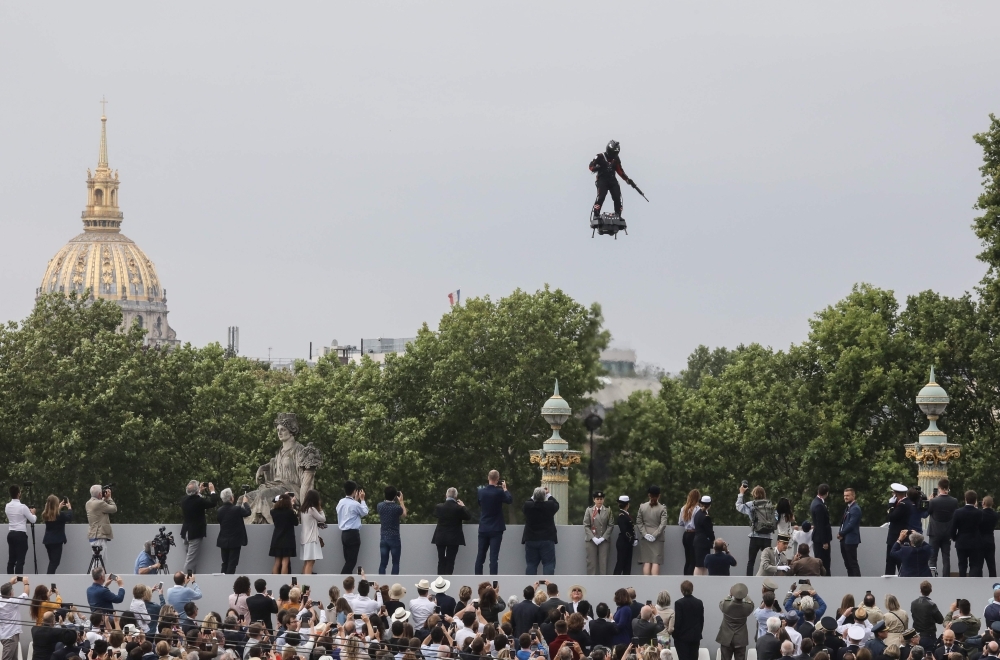 Zapata CEO Franky Zapata flies a jet-powered hoverboard or 