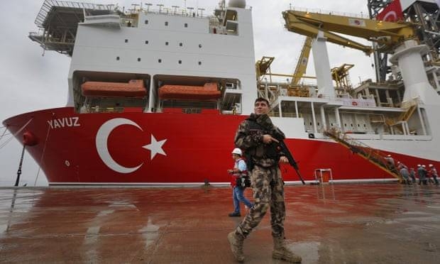 The drilling ship Yavuz seen in port in Turkey. It has since dropped anchor off the northeast coast of Cyprus. –Courtesy photo