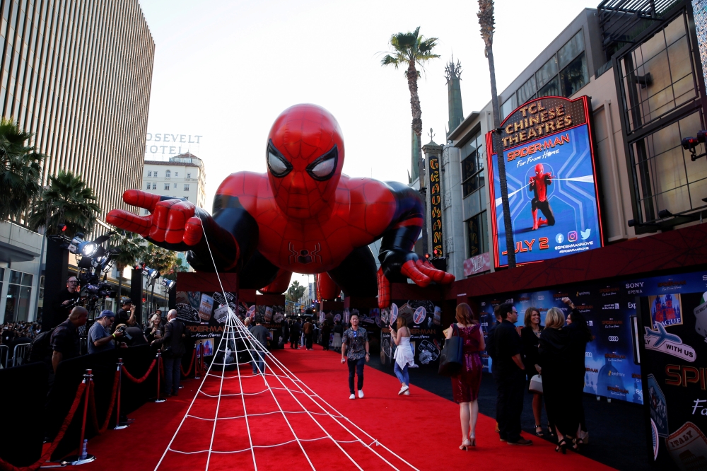 A giant spider-man balloon is seen above the red carpet along a closed Hollywood Blvd. outside the TCL Chinese Theater for the World Premiere of Marvel Studios' 