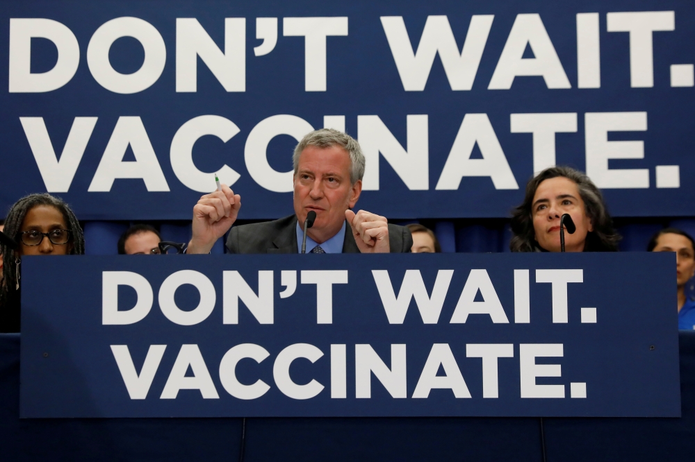 New York City Mayor Bill de Blasio speaks during a news conference declaring a public health emergency in parts of Brooklyn in response to a measles outbreak, requiring unvaccinated people living in the affected areas to get the vaccine or face fines, in the Orthodox Jewish community of the Williamsburg neighborhood, in Brooklyn, New York City, in this April 9, 2019 file photo. — Reuters