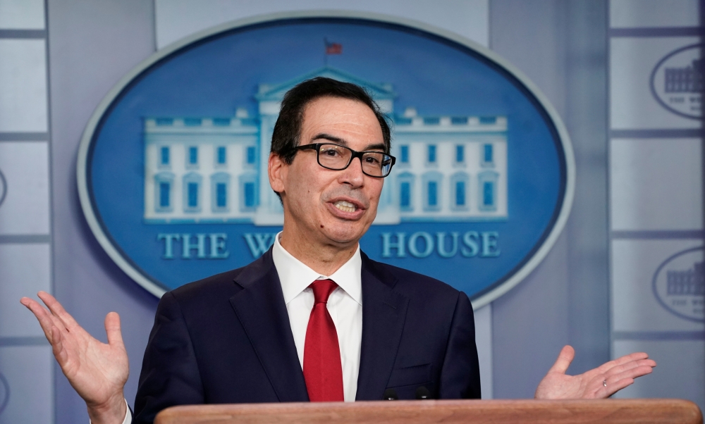 US Treasury Secretary Steven Mnuchin gives a briefing at the White House in Washington, on Monday. -Reuters photo