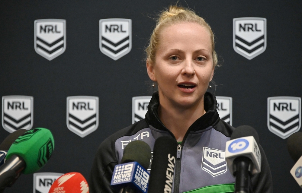 Rugby League referee Belinda Sharpe speaks to the media in Sydney on Tuesday, after being named as the first female referee for a National Rugby League game between the Brisbane Broncos and Canterbury Bulldogs. — AFP