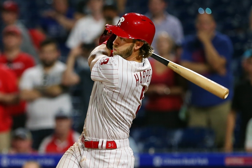 Bryce Harper of the Philadelphia Phillies hits a walk-off two run double in the ninth inning to defeat the Los Angeles Dodgers 9-8 in a baseball game at Citizens Bank Park in Philadelphia, Pennsylvania, on Tuesday. — AFP