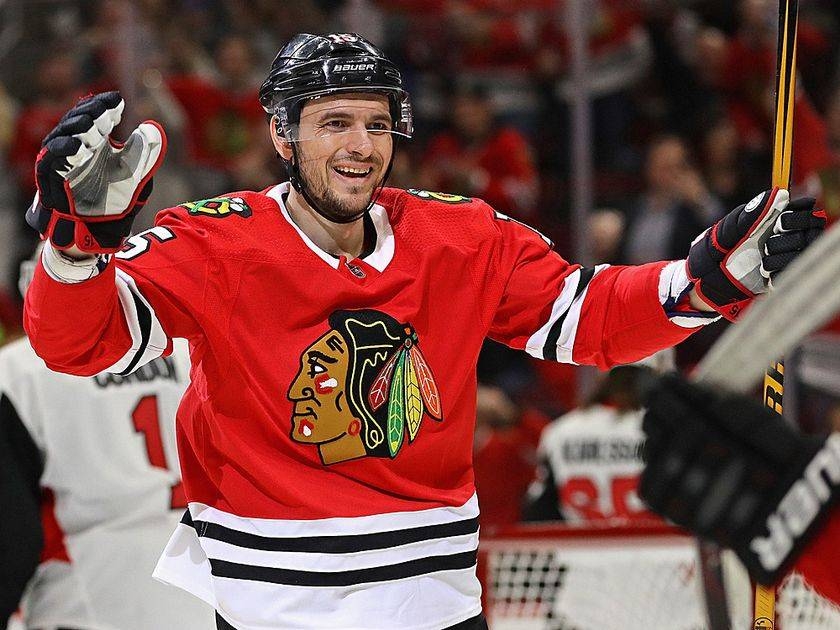 In this file photo of Feb. 21, 2018, Artem Anisimov of the Chicago Blackhawks celebrates a goal against the Ottawa Senators at the United Center in Chicago. — Courtesy photo