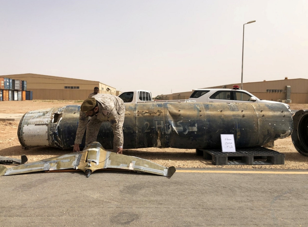 A projectile and a drone launched at Saudi Arabia by Yemen's Houthis are displayed at a Saudi military base, Al-Kharj, Saudi Arabia, in this June 21, 2019 file photo. — Reuters