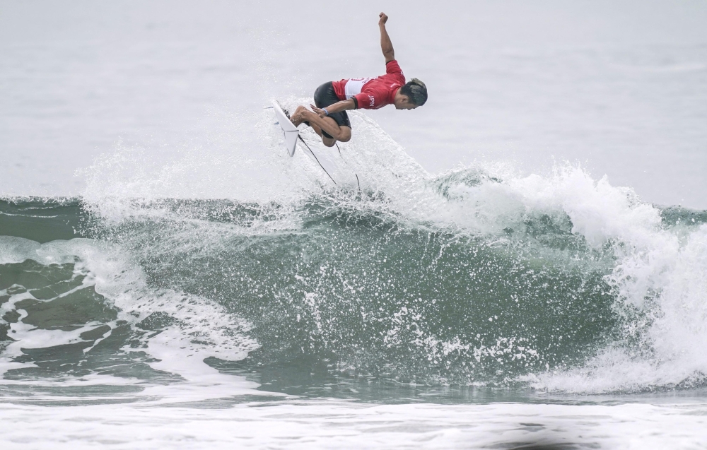 Shun Murakami of Japan competes during a Tokyo 2020 Olympics surfing test event at at Tsurigasaki-kaigan beach, also known as Shidashita beach inIchinomiya Town, Chiba prefecture, Japan, on Thursday, in this photo taken by Kyodo. — Reuters