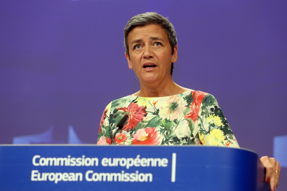 Commissioner Margrethe Vestager, in charge of competition policy, gives a press conference focused on US chip-maker Qualcomm at the European Commission in Brussels on Thursday. — AFP
