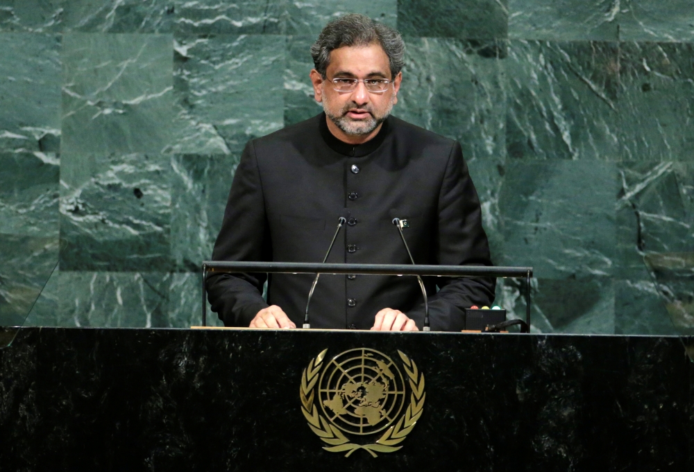 Pakistani Prime Minister Shahid Khaqan Abbasi addresses the 72nd United Nations General Assembly at UN headquarters in New York in this Sept. 21, 2017 file photo. — Reuters