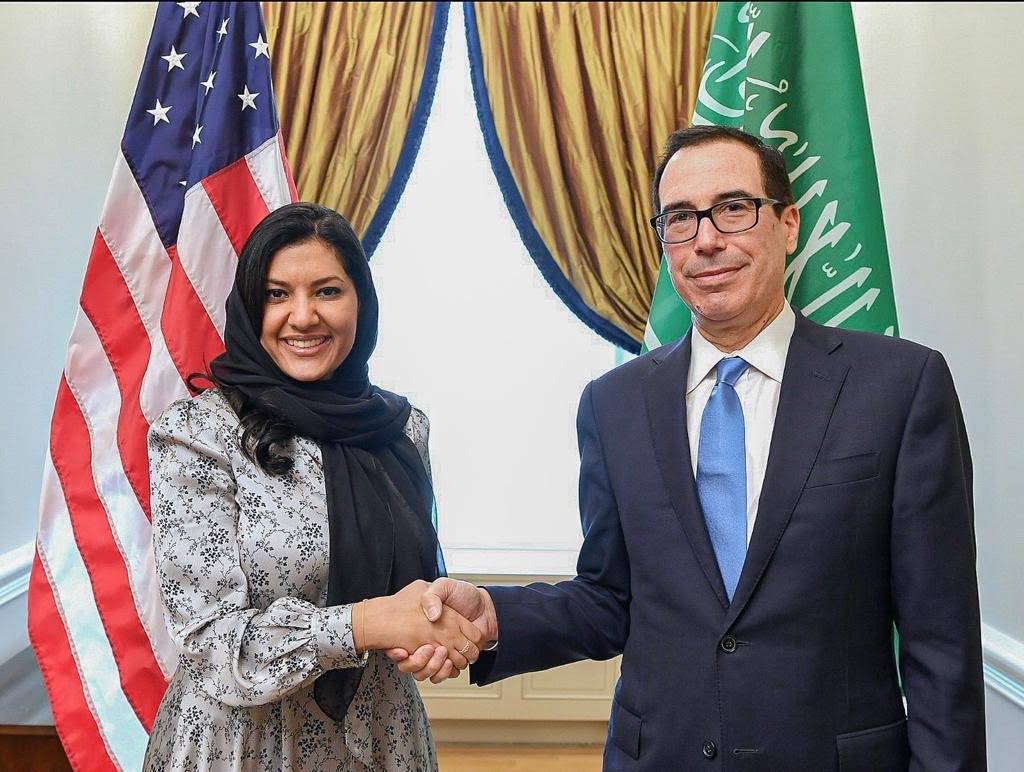 Saudi Ambassador to the United States Princess Reema Bint Bandar meets with US Treasury Secretary Steven Mnuchin in Washingtonto discuss opportunities to further strengthen the countries’ partnership,