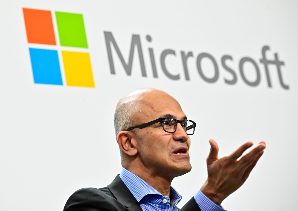 Microsoft CEO Satya Narayana Nadella speaks during a so-called Fireside-Chat with the CEO of German car-maker Volkswagen, unseen, where they unveiled their cooperation for the Volkswagen Automotive Cloud developed with Microsoft in this Feb. 27, 2019 file photo. — AFP