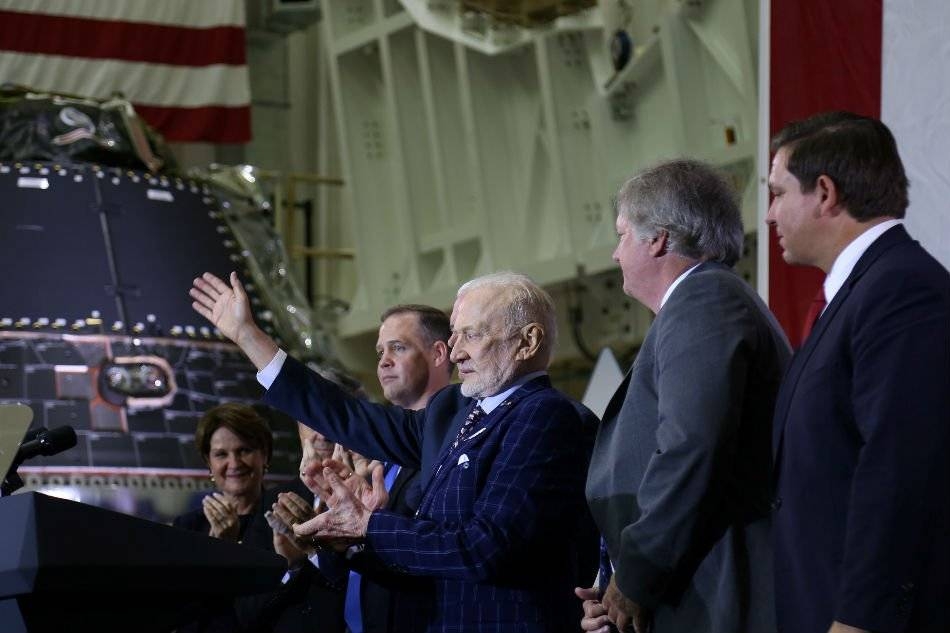 Buzz Aldrin applauds during a ceremony to commemorate the 50th anniversary of the Apollo 11 moon landing, at NASA's Kennedy Space Center in Florida on Saturday. –Reuters photo