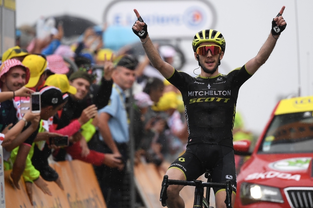 France's Thibaut Pinot reacts as he crosses the finish line of the fifteen stage of the 106th edition of the Tour de France cycling race between Limoux and Foix Prat d'Albis, in Foix Prat d'Albis, on Sunday. — AFP