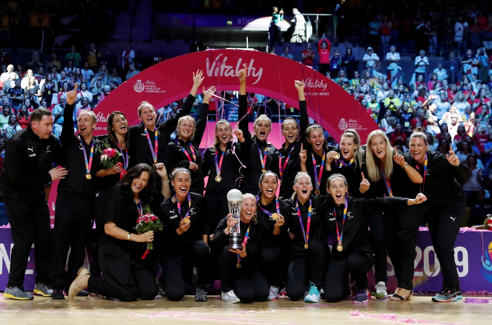 New Zealand celebrate with the trophy after winning the Net World Cup final against Australia at M&S Bank Arena, Liverpool, Britain, Sunday. — Reuters