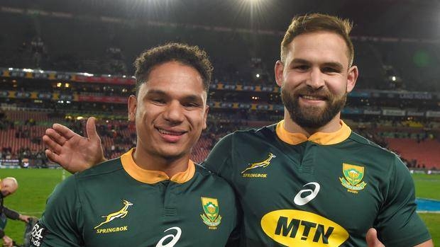South Africas' Herschel Jantjies (L) and South Africa's Cobus Reinach following the victory over the Wallabies at Emirates Airline Park in Johannesburg, in this July 20, 2019 file photo. — Courtesy photo
