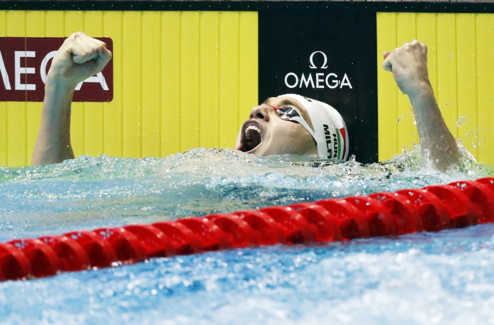 Kristof Milak of Hungary celebrates winning men's 200m butterfly final during the World Swimming Championships at Nambu University Municipal Aquatics Center, Gwangju, South Korea, on Wednesday. — Reuters