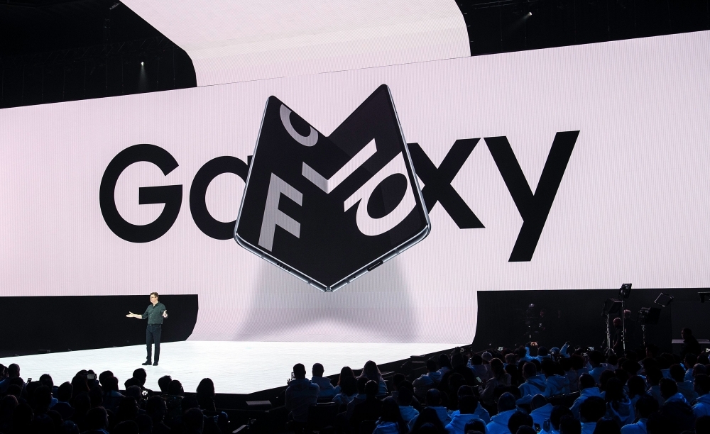 Samsung senior vice president of product marketing Justin Denison speaks on stage about the company's new foldable phone during the Samsung Unpacked product launch event in San Francisco, California, in this Feb. 20, 2019 file photo. — AFP