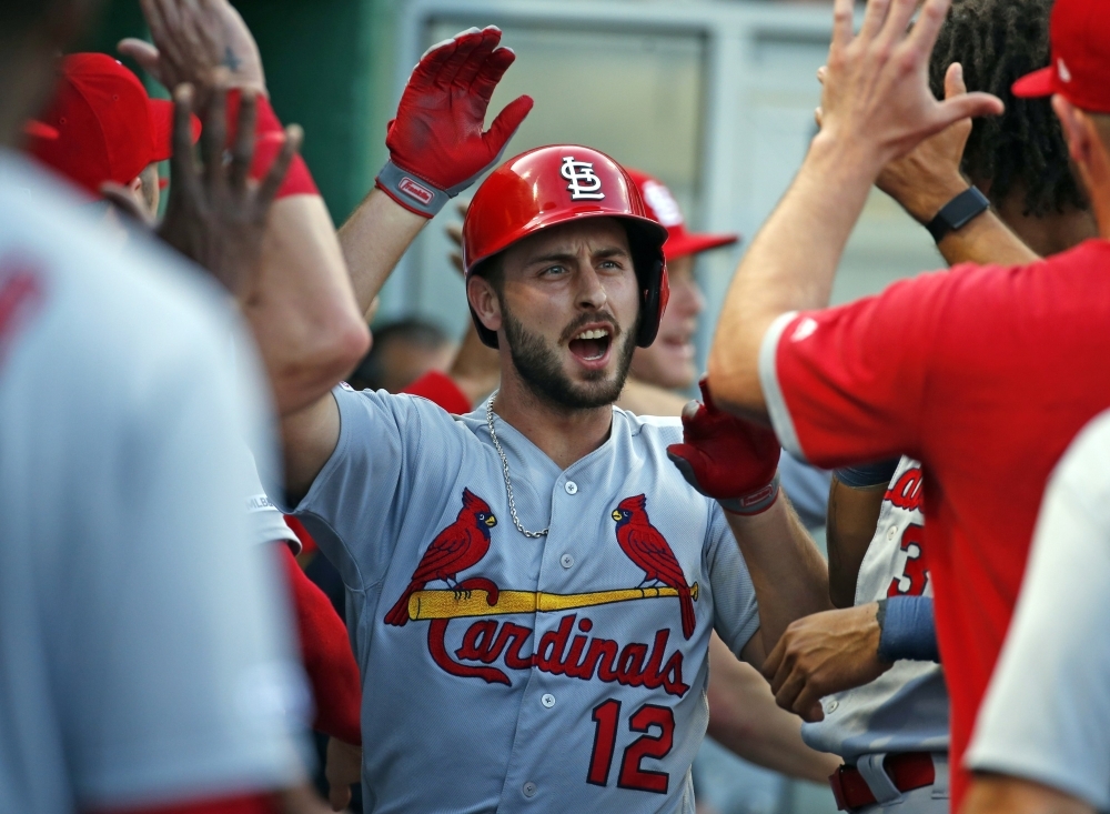 Paul DeJong No. 12 of the St. Louis Cardinals celebrates after hitting a two-run home run in the second inning against the Pittsburgh Pirates at PNC Park on Wednesday in Pittsburgh, Pennsylvania. — AFP