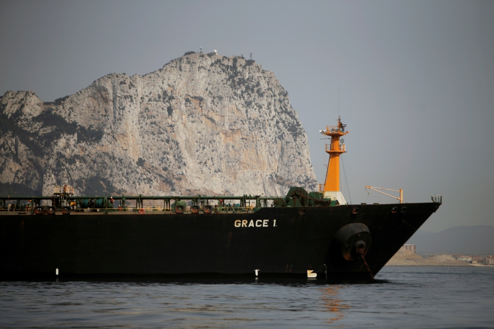 Iranian oil tanker Grace 1 sits anchored after it was seized earlier this month by British Royal Marines off the coast of the British Mediterranean territory on suspicion of violating sanctions against Syria, in the Strait of Gibraltar, southern Spain, in this July 20, 2019 file photo. — Reuters