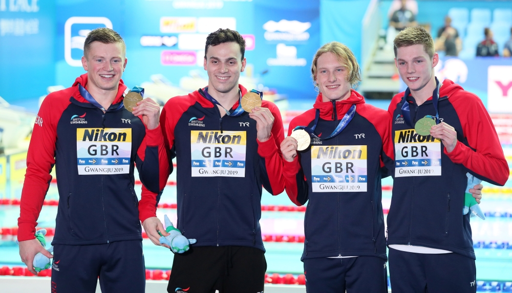 Gold medalist Team Britain poses after men's 4x100m medley relay victory ceremony at 18th FINA World Swimming Championships held at Nambu University Municipal Aquatics Center, Gwangju, South Korea, on Sunday. — Reuters