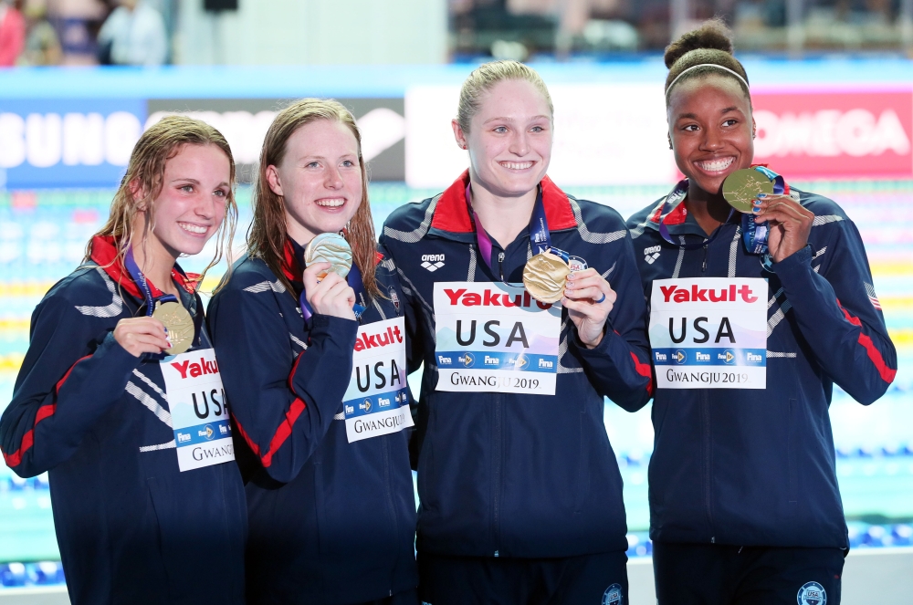 Gold medalist Team Britain poses after men's 4x100m medley relay victory ceremony at 18th FINA World Swimming Championships held at Nambu University Municipal Aquatics Center, Gwangju, South Korea, on Sunday. — Reuters