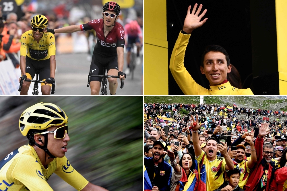 This combination of photos taken during the twentieth stage of the 106th edition of the Tour de France cycling race between Albertville and Val Thorens, in Val Thorens, on Saturday, shows (clockwise from top L) Colombia's Egan Bernal (L), wearing the overall leader's yellow jersey is congratulated by teammate Great Britain's Geraint Thomas as he crosses the finish line; Colombia's Egan Bernal celebrates his overall leader's yellow jersey on the podium; Colombia's Egan Bernal, wearing the overall leader's yellow jersey rides uphill; Colombian fans cheer at the arrival. — AFP