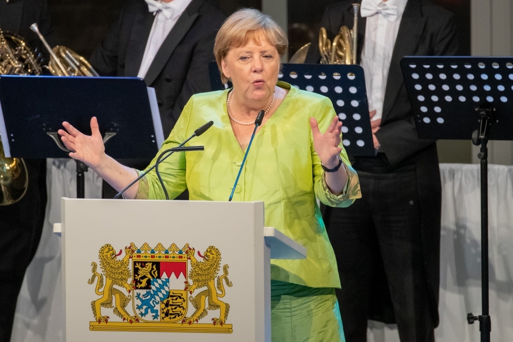 German Chancellor Angela Merkel gives a speech during the opening ceremony of the annual Bayreuth Festival featuring the music of German composer Richard Wagner at the festival theater (Richard-Wagner-Festspielhaus) in Bayreuth, southern Germany, in this July 25, 2018. — AFP