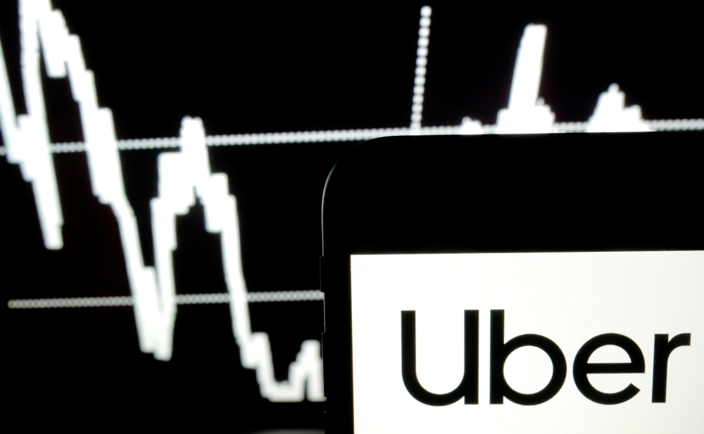 Uber's logo is seen on a smartphone screen as a picture of the stock exchange graph is displayed on a computer screen in this illustration picture, on May 7. -Reuters