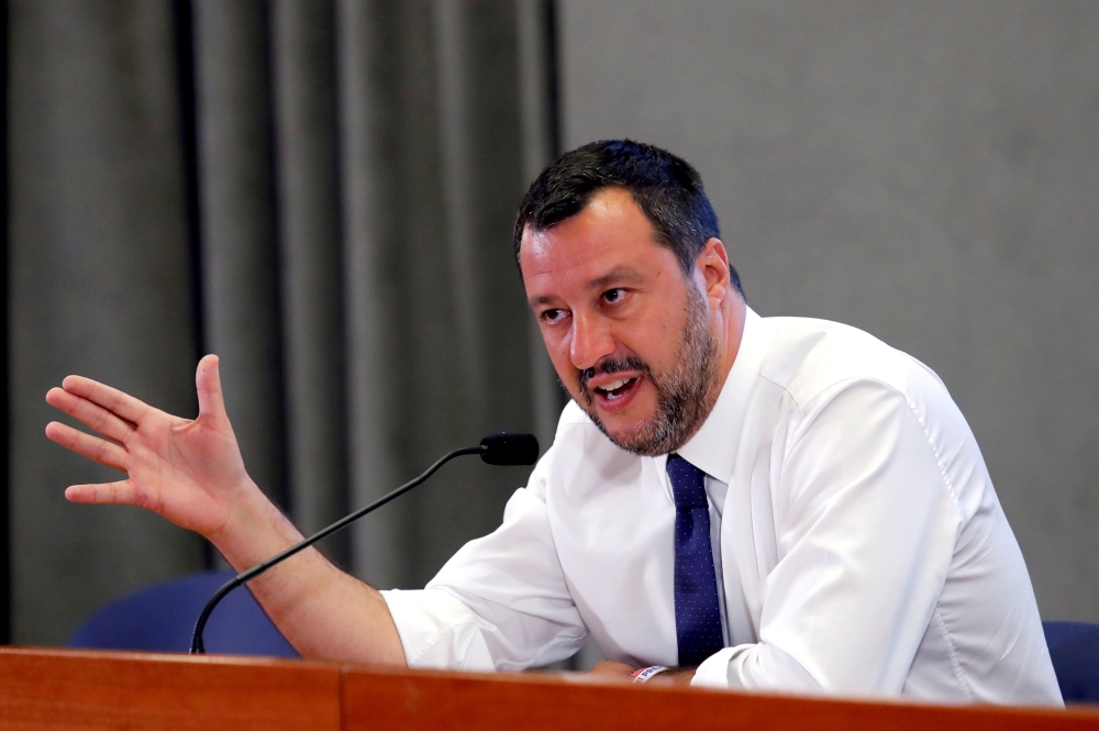  Deputy Prime Minister Matteo Salvini of Italy addresses a news conference at Viminale Palace, Rome, on July 15. -Reuters