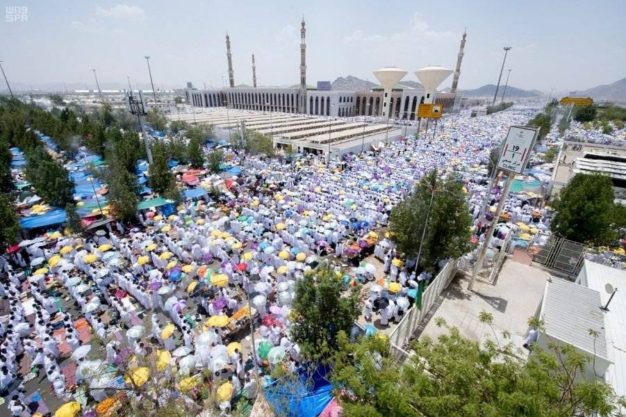 Pilgrims pray at Namirah Mosque in Arafat on Saturday. -SPA