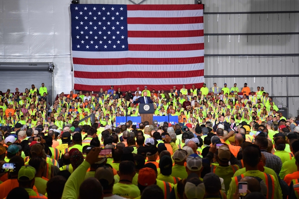 US President Donald Trump speaks at the Shell Pennsylvania Petrochemicals Complex in Monaca, Pennsylvania, on Tuesday. -AFP