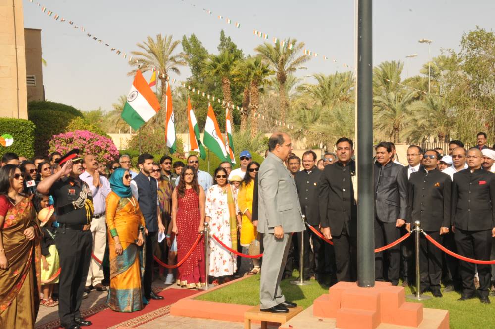 Ambassador Dr. Ausaf Sayeed addresses the audience at the flag hoisting ceremony at the Indian Embassy in Riyadh. — Courtesy photo