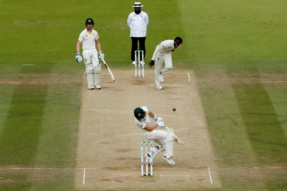 Australia's Marnus Labuschagne is struck on the helmet by a ball from England's Jofra Archer during 2nd Ashes Test at Lord's Cricket Ground, London, on Sunday. — Reuters