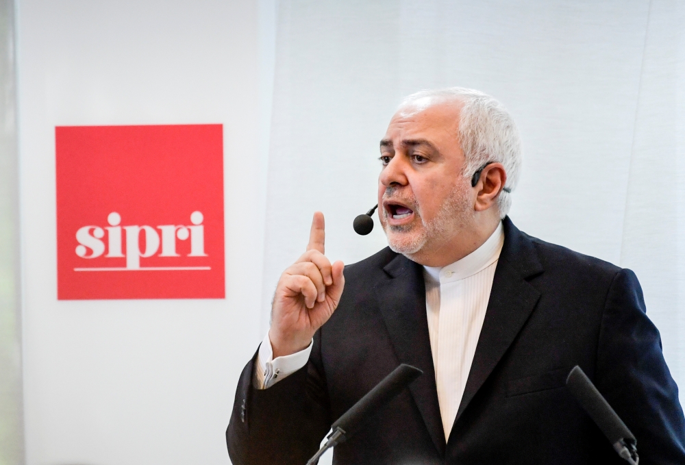 Iran's Foreign Minister Javad Zarif holds a lecture at Stockholm International Peace Research Institute (SIPRI) in Stockholm, Sweden, on Wednesday. — Reuters