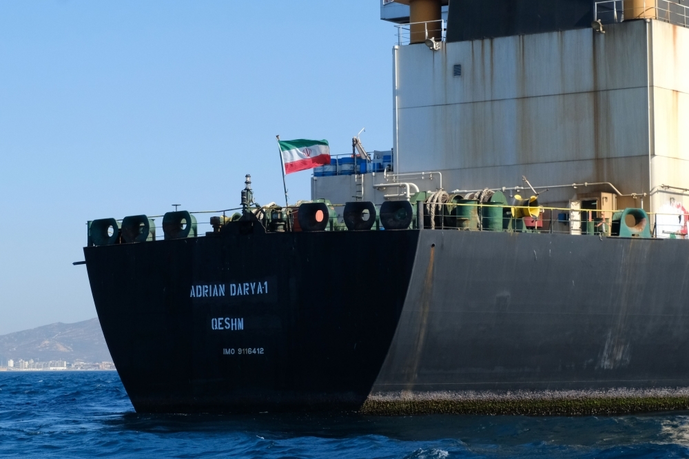 An Iranian flag flutters on board the Adrian Darya oil tanker, formerly known as Grace 1, is seen off the coast of Gibraltar, in this Aug. 18, 2019 file photo. — AFP
