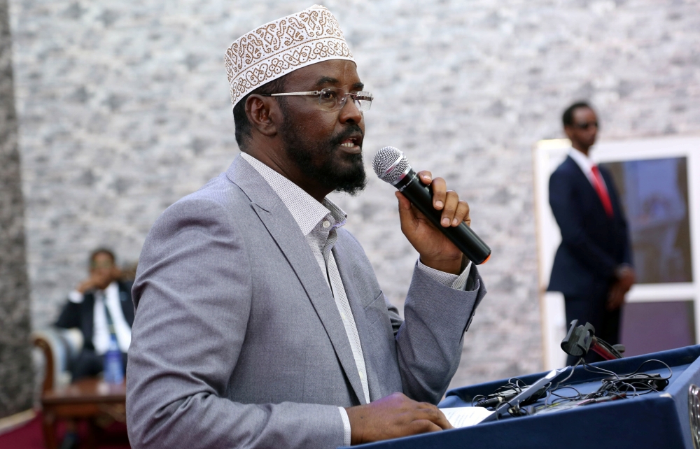 Ahmed Mohamed Madobe, the president of the breakaway Jubbaland region, addresses lawmakers after winning their presidential election, in the southern port town of Kismayu, Somalia, on Thursday. — Reuters