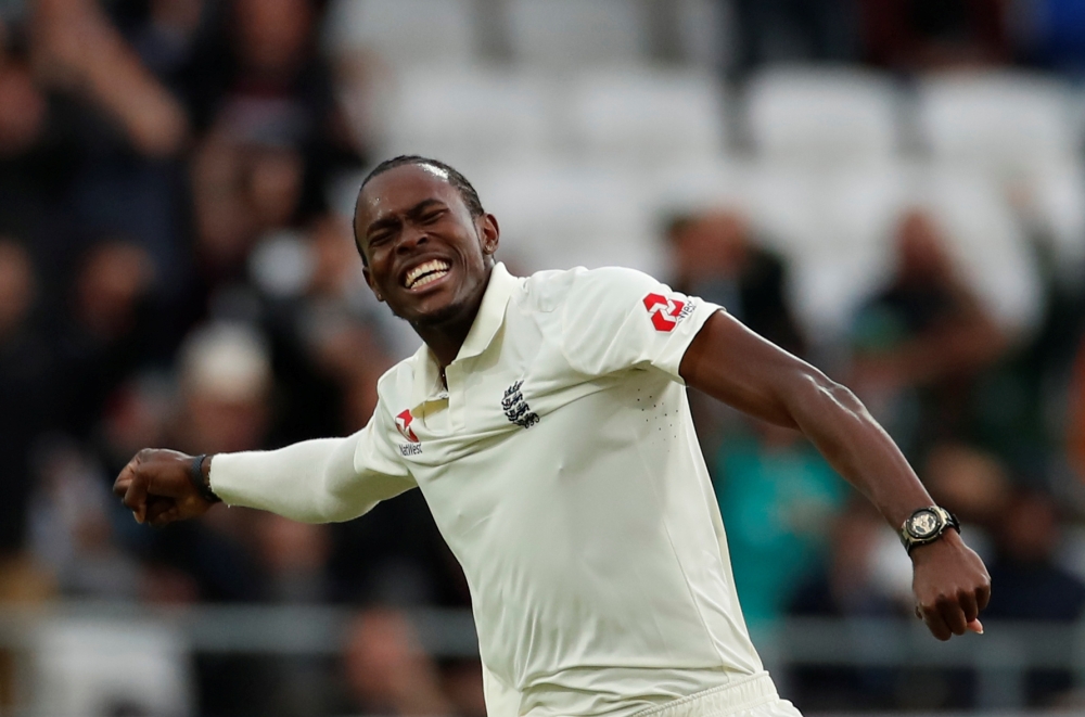 England's Jofra Archer celebrates taking the wicket of Australia's Pat Cummins during the third test match of the Ashes series against Australia at Headingley, Leeds, Britain, on Thursday. — Reuters