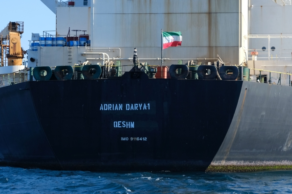 An Iranian flag flutters on board the Adrian Darya oil tanker, formerly known as Grace 1, off the coast of Gibraltar, in this Aug. 18, 2019 file photo. — AFP