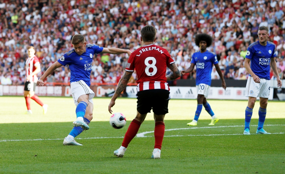 Leicester City's Harvey Barnes scores their second goal against Sheffield United at Bramall Lane, Sheffield, Britain, on Saturday. — Reuters