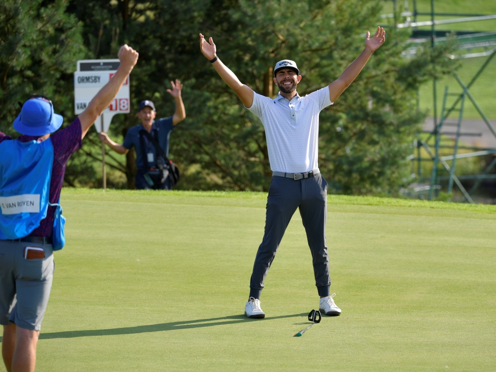 Erik van Rooyen of RSA reacts after winning the PGA European Tour title at Hills Golf & Sports Club, Molndal, Sweden, on Sunday. — Reuters