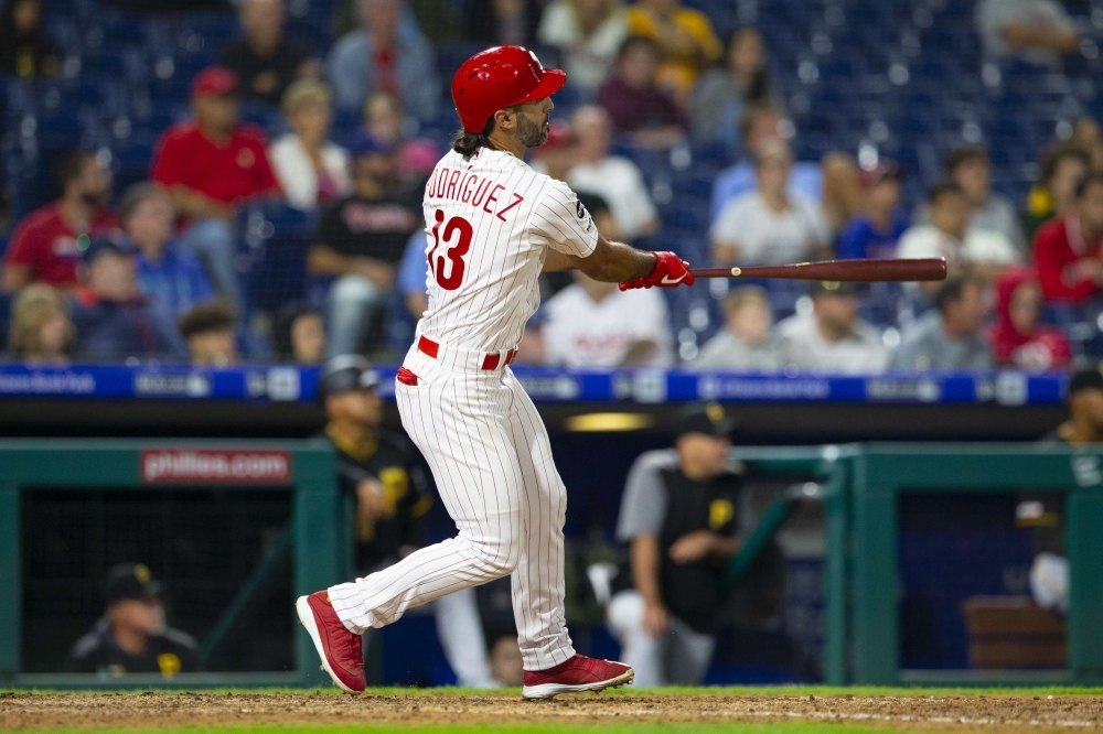 Sean Rodriguez of the Philadelphia Phillies hits a walk-off solo home run in the bottom of the 11th inning against the Pittsburgh Pirates at Citizens Bank Park in Philadelphia, Pennsylvania, on Monday. The Phillies defeated the Pirates 6-5. — AFP