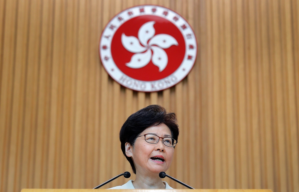Hong Kong's Chief Executive Carrie Lam holds a news conference in Hong Kong on Tuesday. -Reuters