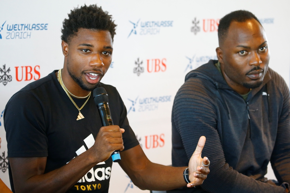Noah Lyles of the US and Alex Wilson (R) of Switzerland during a press conference at the Diamond League in Weltklasse Zuerich at Letzigrund Stadium, Zurich, Switzerland, on Wednesday. — Reuters
