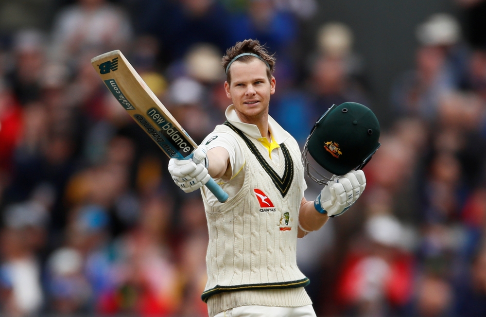 Australia's Steve Smith celebrates his century during the Fourth Ashes Test against England at the Emirates Old Trafford, Manchester, Britain, on Thursday. — Reuters