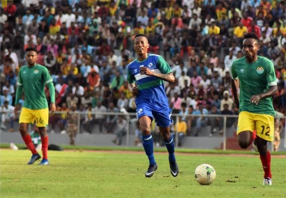 Djibouti and Eswatini players are seeen in action during the 2022 World Cup qualifiers in Africa. Djibouti won for only the second time in 12 years as they edged Eswatini 2-1.