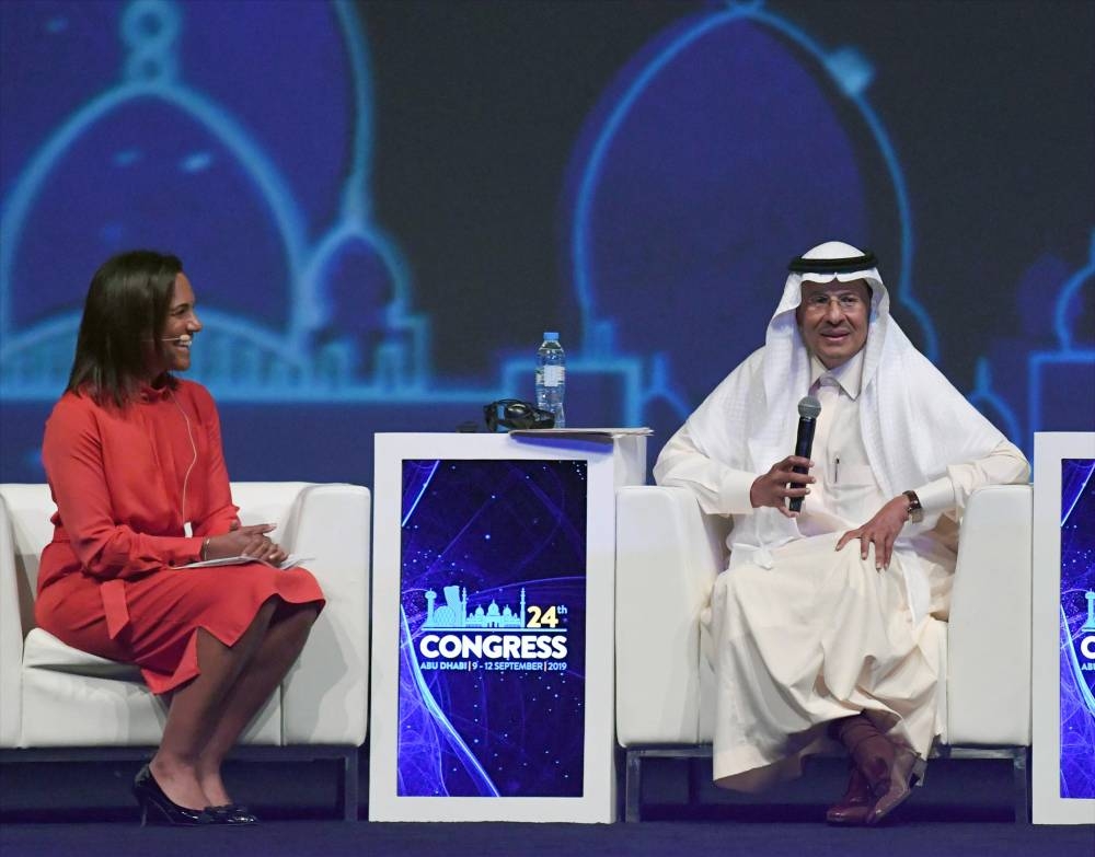 Energy Minister Prince Abdulaziz Bin Salman speaks during the opening ceremony of the 24th World Energy Congress (WEC) in the UAE capital Abu Dhabi on Monday. — AFP