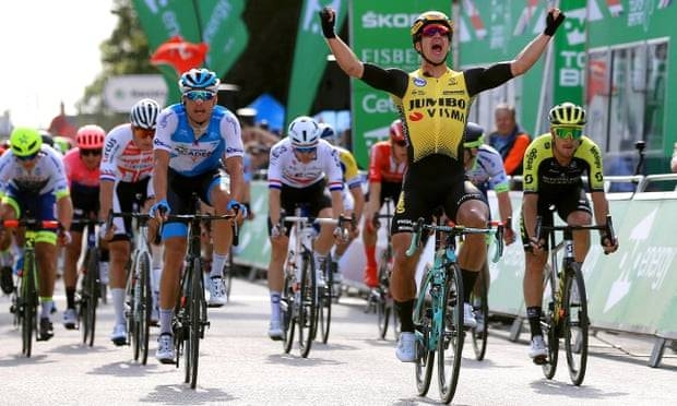 Dylan Groenewegen celebrates winning the opening stage of the Tour of Britain. — Courtesy photo