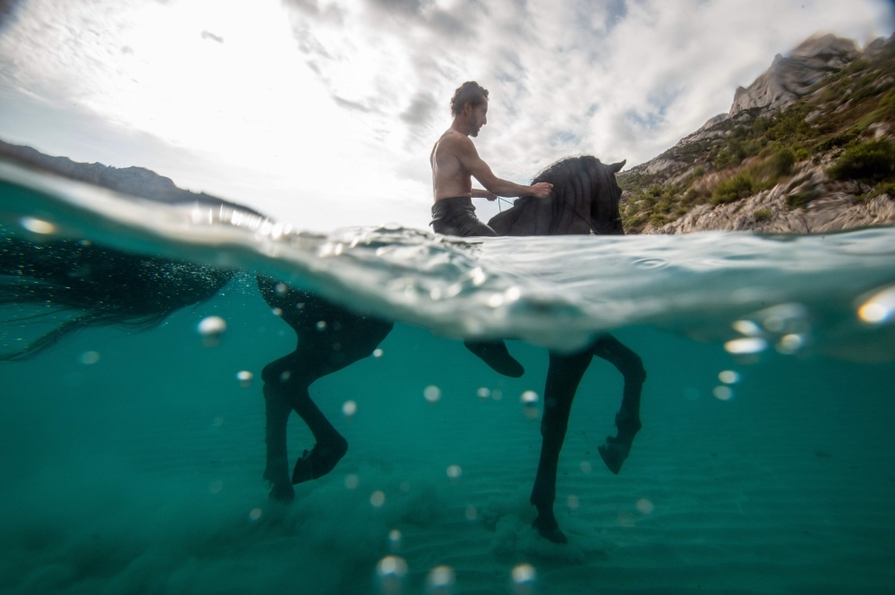 French artist Manolo trains his horse Indra to swim in the 