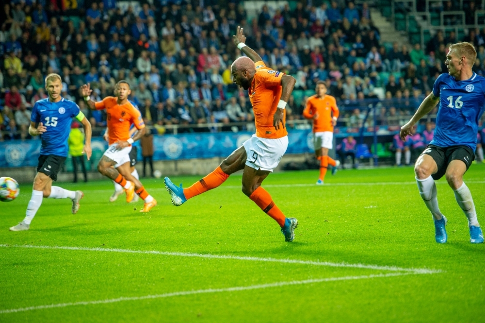 Netherlands' forward Ryan Babel scores during the UEFA Euro 2020 Group C qualification football match between Estonia and the Netherlands in Tallinn, Estonia, on Monday. — AFP